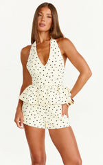Seraphina Top - Polka Dot V Neck Peplum Top in White Polka Dot Print