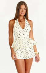 Seraphina Top - Polka Dot V Neck Peplum Top in White Polka Dot Print